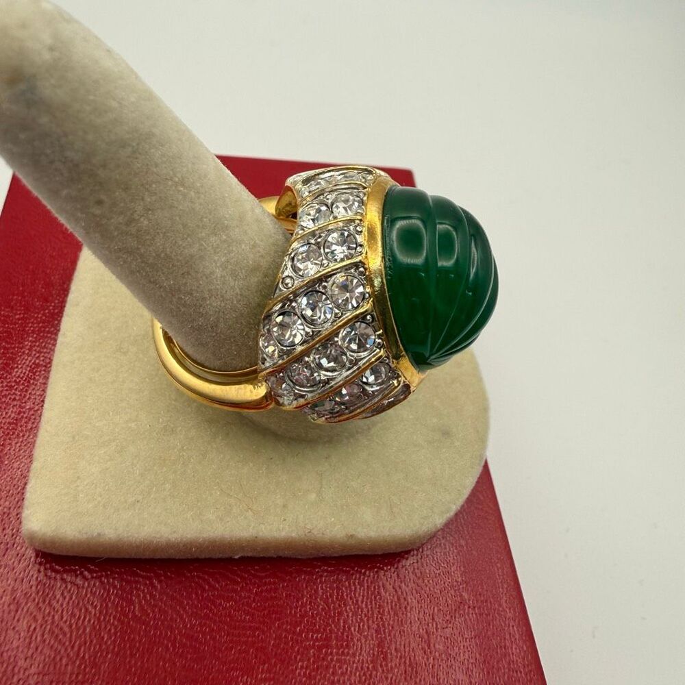 Kenneth Jay Lane Faux Jade Emerald Rhinestone Dome Cocktail Ring Adjustable5-5.5 - Picture 2 of 5